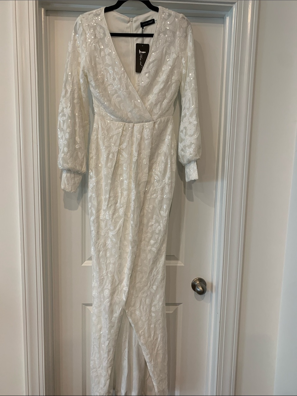 Miss Ord Sequin-Embellished White Wrap Maxi Dress formal front split NWT